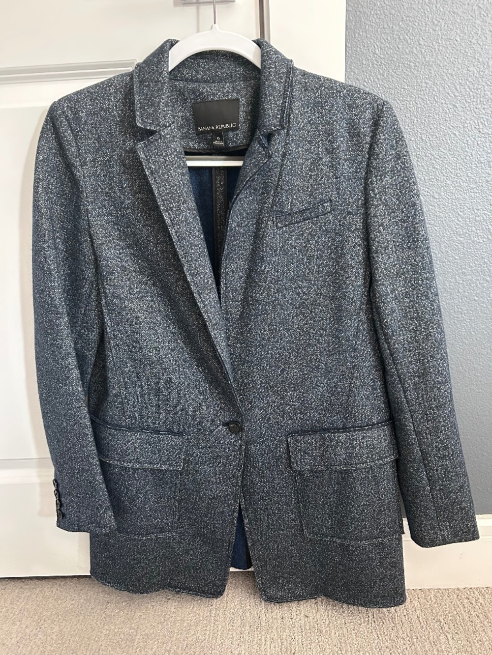 Banana Republic Marled Tweed Blazer Navy Wool Trim Sz 6